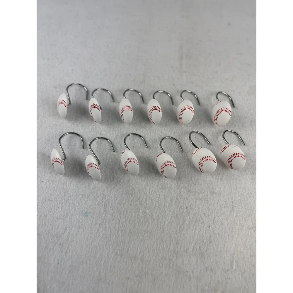 Set of 12 Baseball Shower Curtain Hooks White Red Stitching Sports Theme Decor